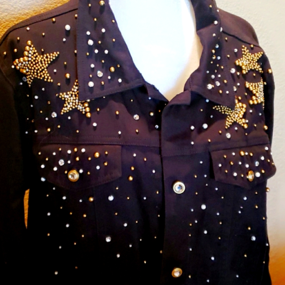 Black denim jacket with gold and silver beading qith rhinestone buttons